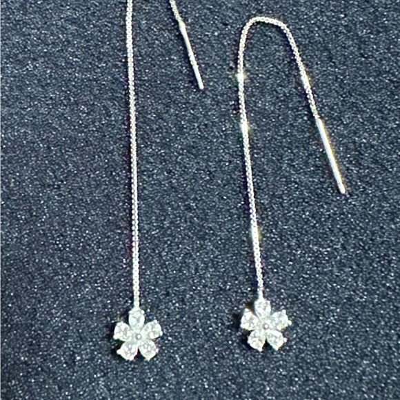 925 Silver Glamorous CZ Flower Drop Thread Earrings - Picture 6 of 15